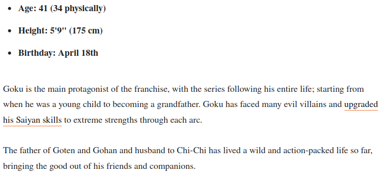 Screenshot of incorrect information about Goku's birthday sourced from the website gamerant.com