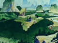 Aerial view of Grandpa Gohan's home with a cliff and river in the background.
