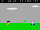 Goku squares off against the Turtle Hermit in a side view