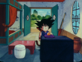 A shot of Gohan's house from the rear wall. The "shrine" where Goku keeps the 4-star Dragon Ball is in the foreground. Papered window along the left with Goku and Gohan's bed along the right.